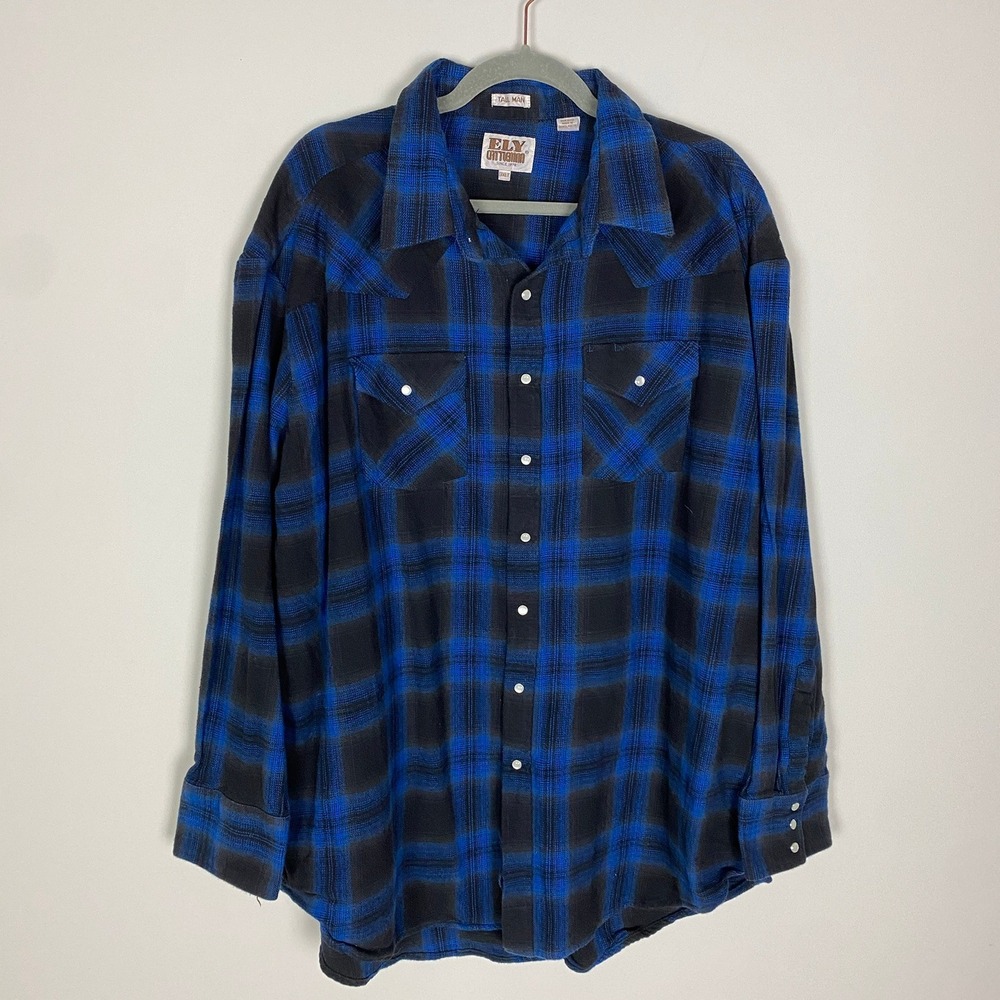 ELY CATTLEMAN Tall Man Western Plaid Flannel Snap Button‎ Long Sleeve Shirt 3XLT